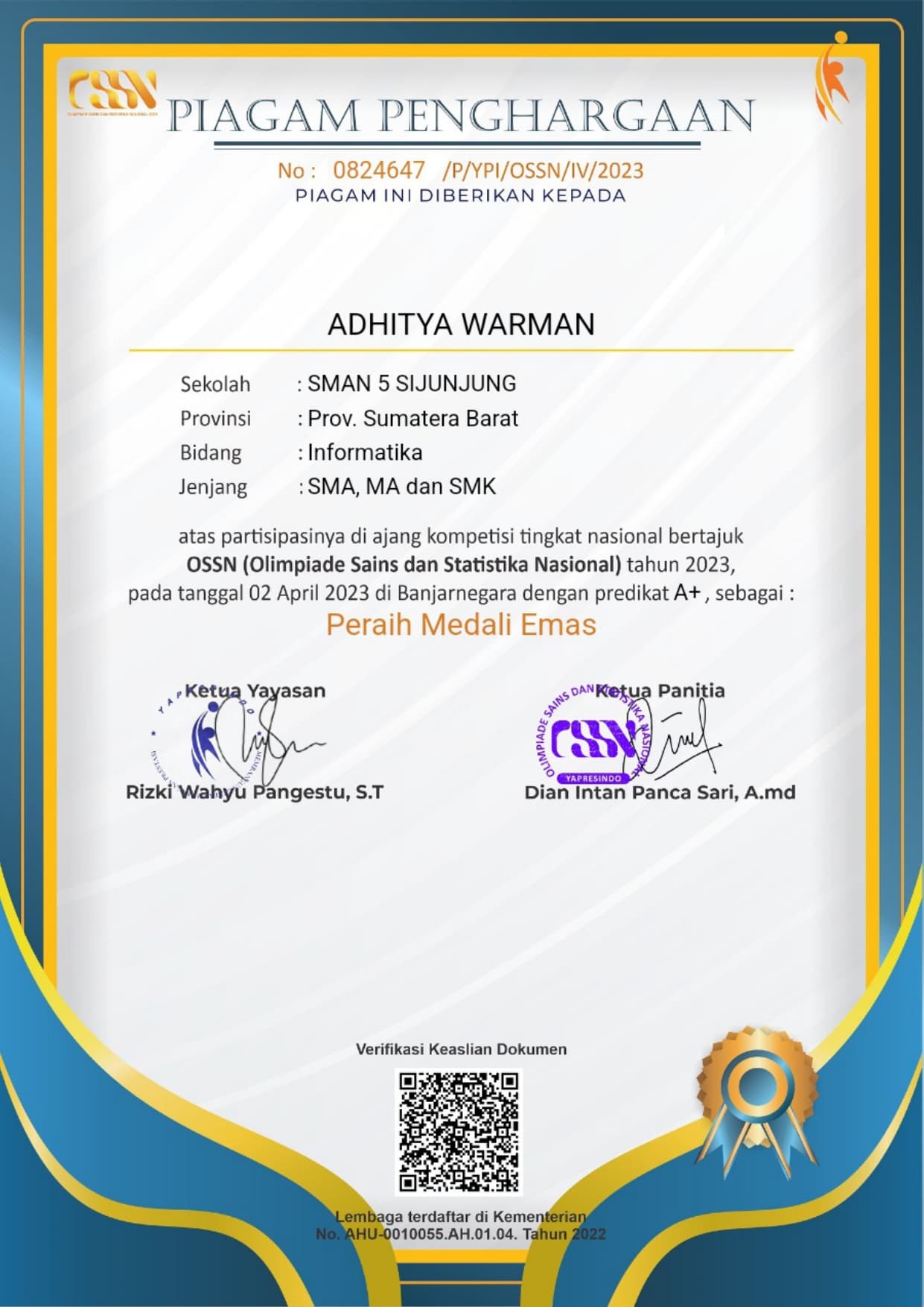 Medali Emas — Olimpiade Sains & Statistika Nasional 2023